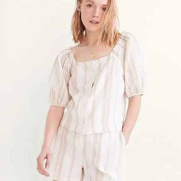 Madewell Square Neck Striped Linen Top with Raw Hem Sleeves Small Button Down - Picture 1 of 7